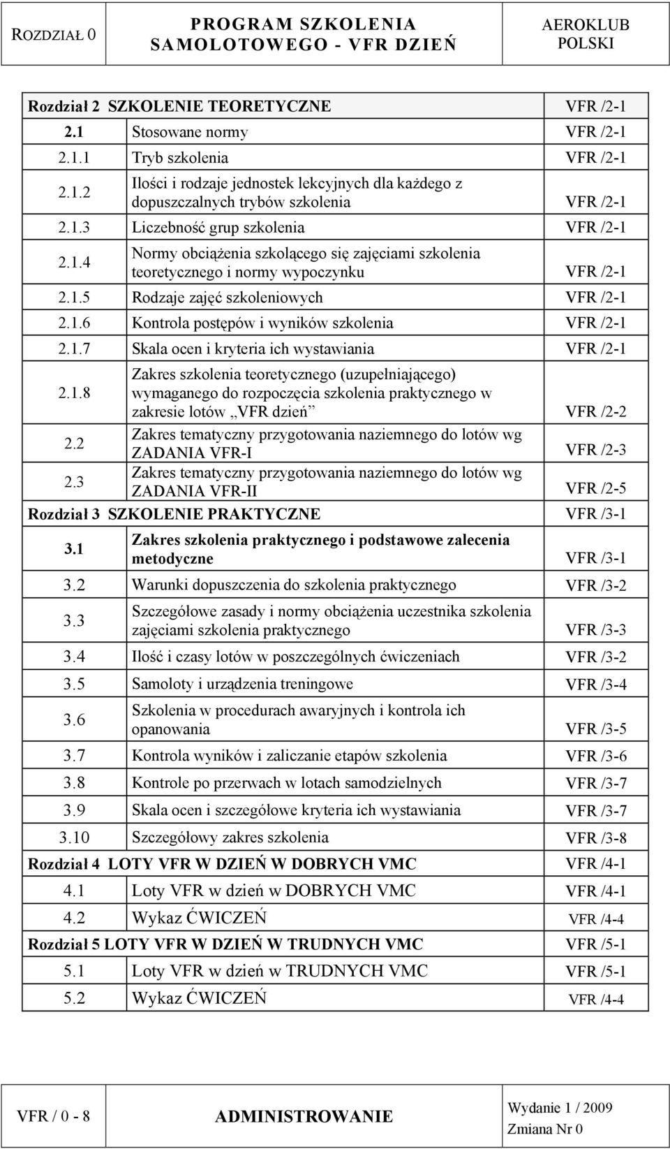 1.7 Skala ocen i kryteria ich wystawiania VFR /2-1 Zakres szkolenia teoretycznego (uzupełniającego) 2.1.8 wymaganego do rozpoczęcia szkolenia praktycznego w zakresie lotów VFR dzień VFR /2-2 2.