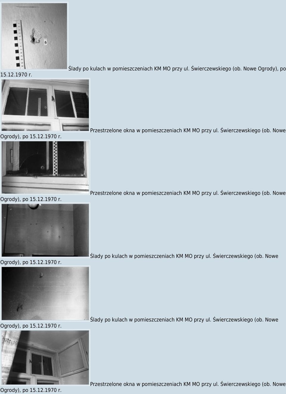 Świerczewskiego (ob. Nowe Ogrody), po 15.12.1970 r. Ślady po kulach w pomieszczeniach KM MO przy ul. Świerczewskiego (ob. Nowe Ogrody), po 15.12.1970 r. Przestrzelone okna w pomieszczeniach KM MO przy ul.