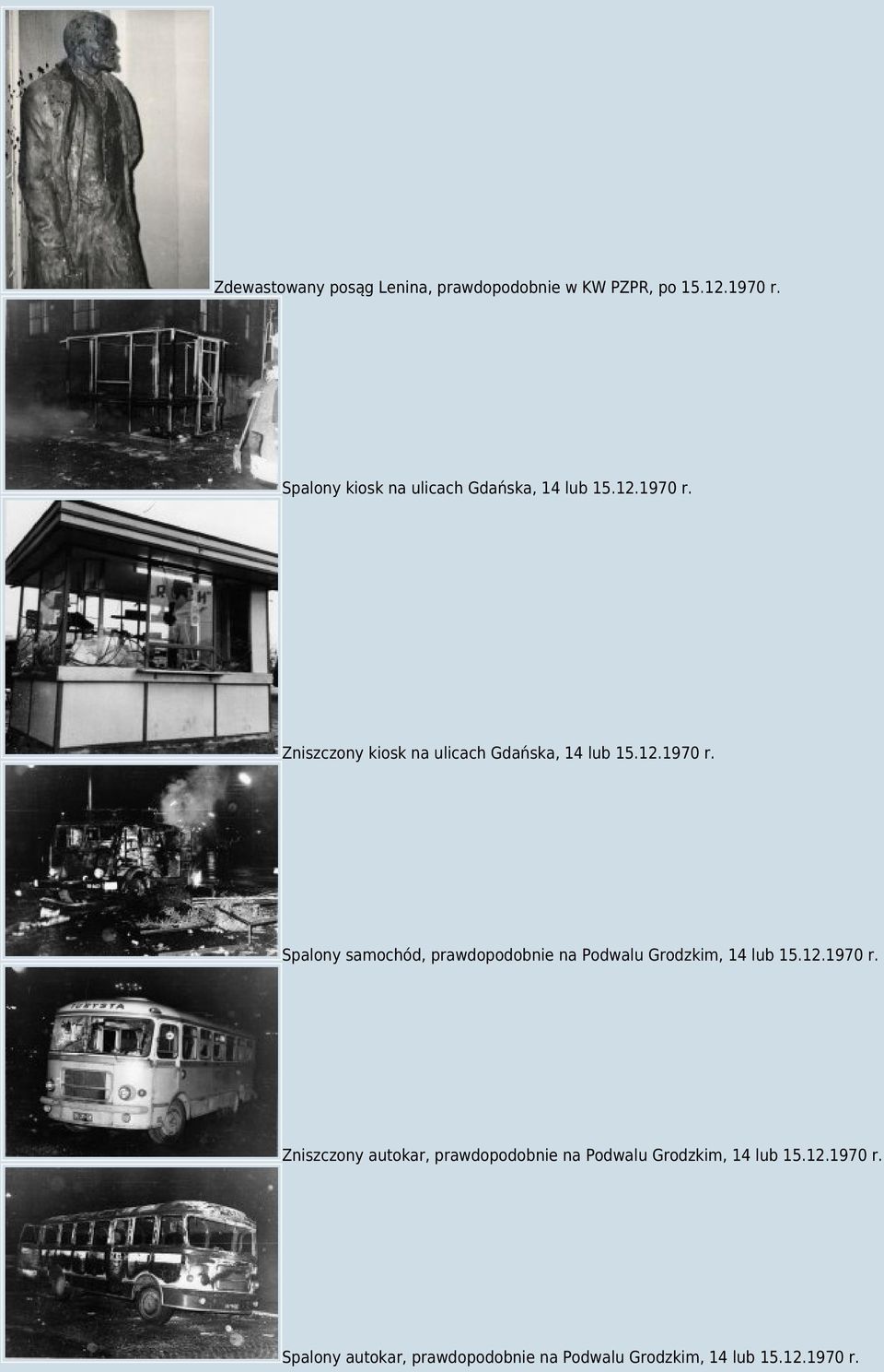 12.1970 r. Spalony samochód, prawdopodobnie na Podwalu Grodzkim, 14 lub 15.12.1970 r. Zniszczony autokar, prawdopodobnie na Podwalu Grodzkim, 14 lub 15.