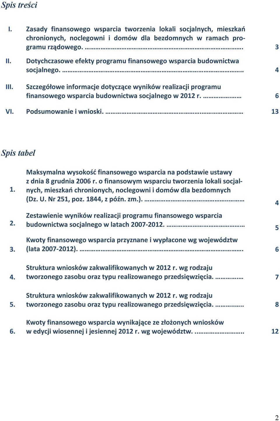 Podsnie i wnioski.. 13 Spis tabel 1. 2. 3. 4. 5. 6. Maksymalna wysokość finansowego wsparcia na podstawie ustawy z dnia 8 grudnia 2006 r.