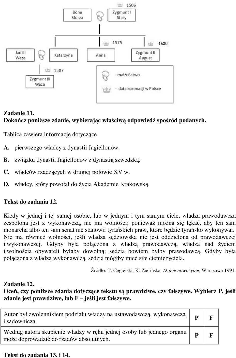 Kiedy w jednej i tej samej osobie, lub w jednym i tym samym ciele, władza prawodawcza zespolona jest z wykonawczą, nie ma wolności; poniewaŝ moŝna się lękać, aby ten sam monarcha albo ten sam senat