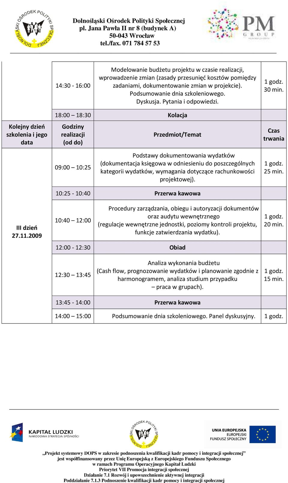 18:00 18:30 Kolacja 09:00 10:25 Podstawy dokumentowania wydatków (dokumentacja księgowa w odniesieniu do poszczególnych kategorii wydatków, wymagania dotyczące rachunkowości projektowej). 25 min.