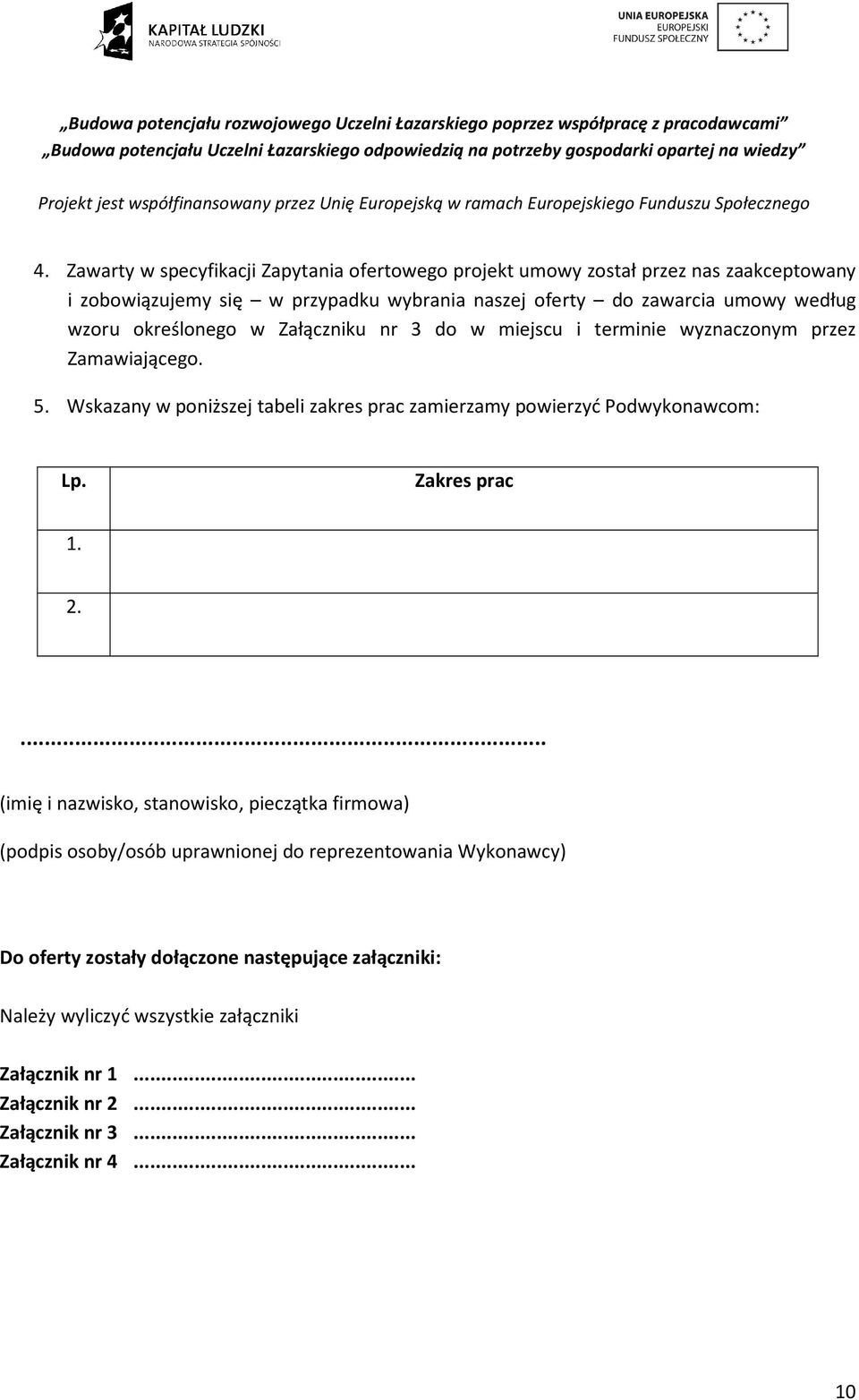 Wskazany w poniższej tabeli zakres prac zamierzamy powierzyć Podwykonawcom: Lp. Zakres prac 1. 2.