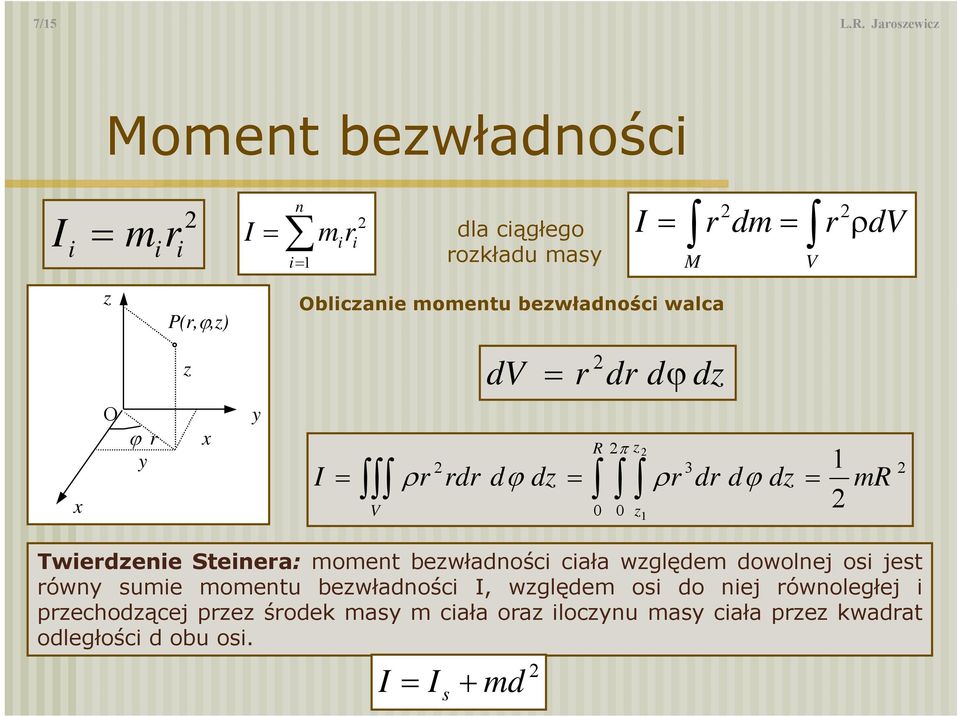 bewładośc walca V d dv d d d 0 0 d 3 d d d d d V dv Twedee Steea: oet