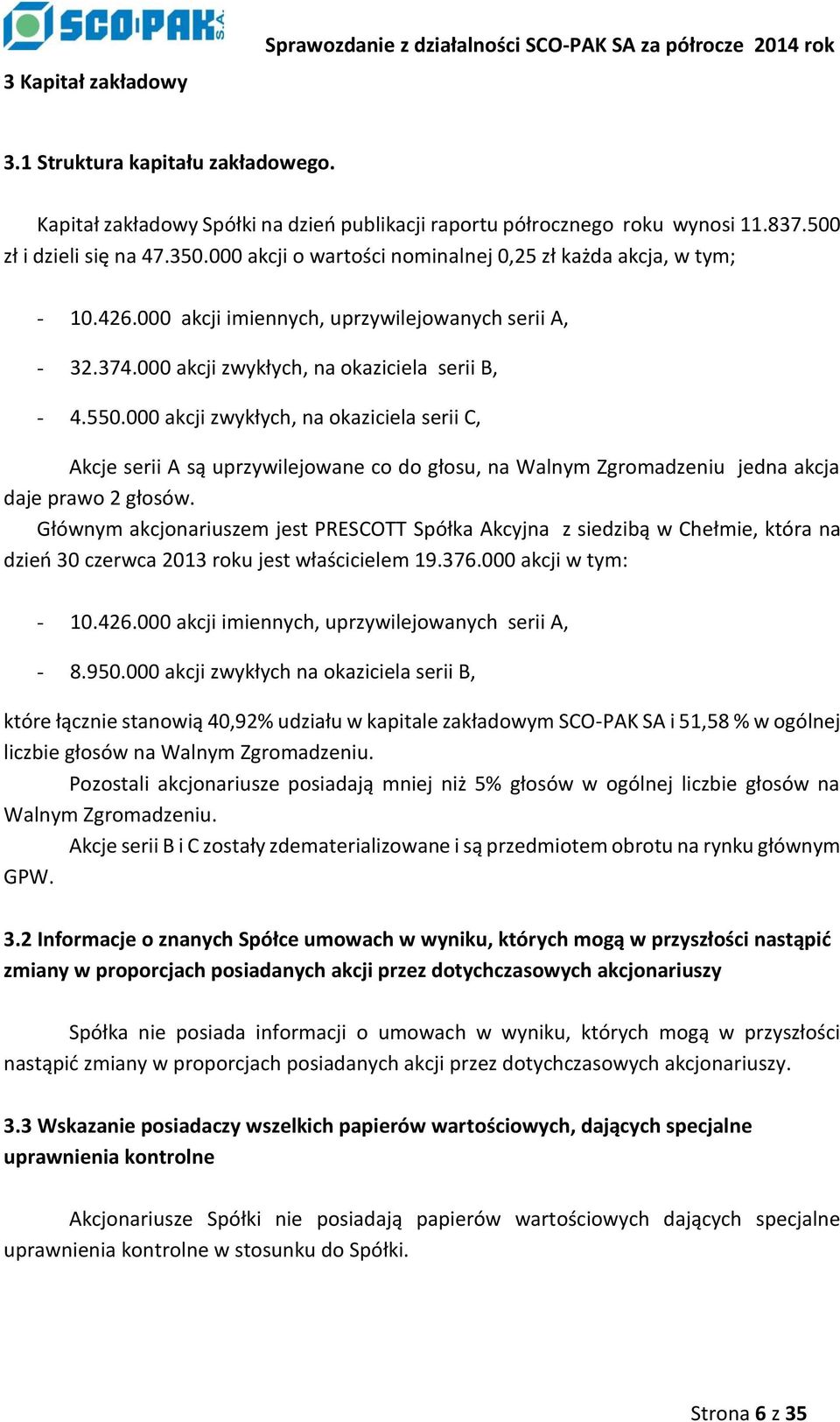 000 akcji zwykłych, na okaziciela serii B, - 4.550.000 akcji zwykłych, na okaziciela serii C, Akcje serii A są uprzywilejowane co do głosu, na Walnym Zgromadzeniu jedna akcja daje prawo 2 głosów.