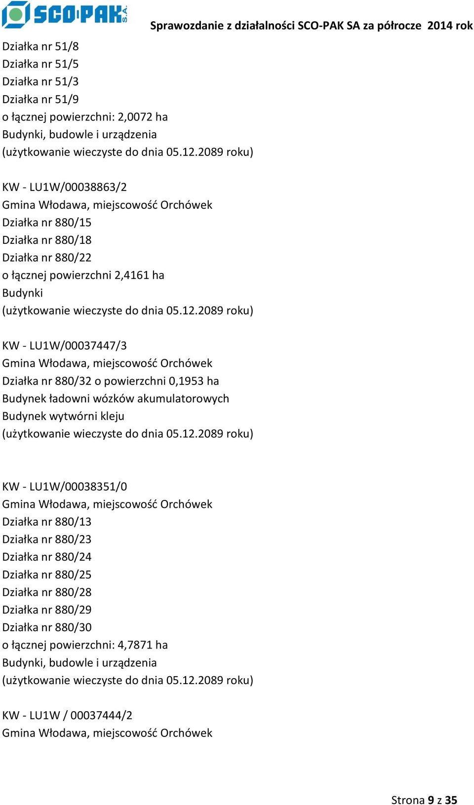 2089 roku) Sprawozdanie z działalności SCO-PAK SA za półrocze 2014 rok KW - LU1W/00037447/3 Gmina Włodawa, miejscowość Orchówek Działka nr 880/32 o powierzchni 0,1953 ha Budynek ładowni wózków