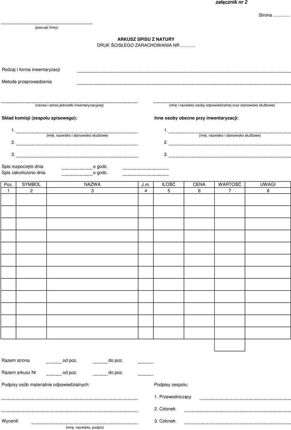 (zespołu spisowego): Inne osoby obecne przy inwentaryzacji: 1. 1. (imię, nazwisko i stanowisko służbowe) 2. 2. (imię, nazwisko i stanowisko służbowe) 3.