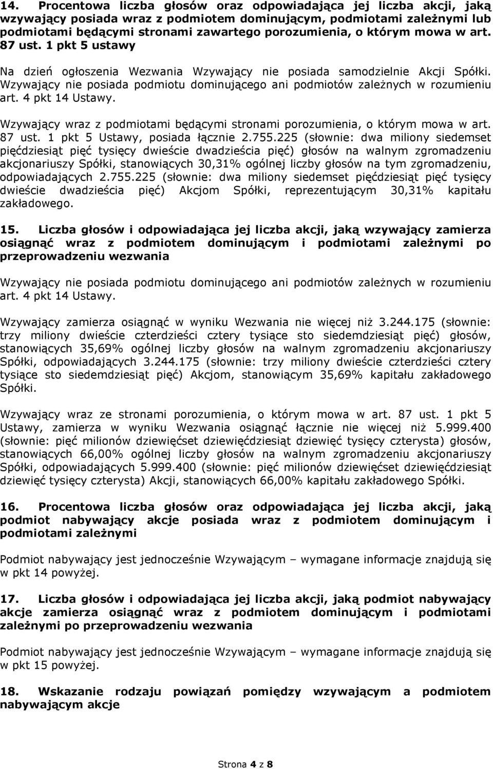 Wzywający nie posiada podmiotu dominującego ani podmiotów zaleŝnych w rozumieniu art. 4 pkt 14 Ustawy. Wzywający wraz z podmiotami będącymi stronami porozumienia, o którym mowa w art. 87 ust.