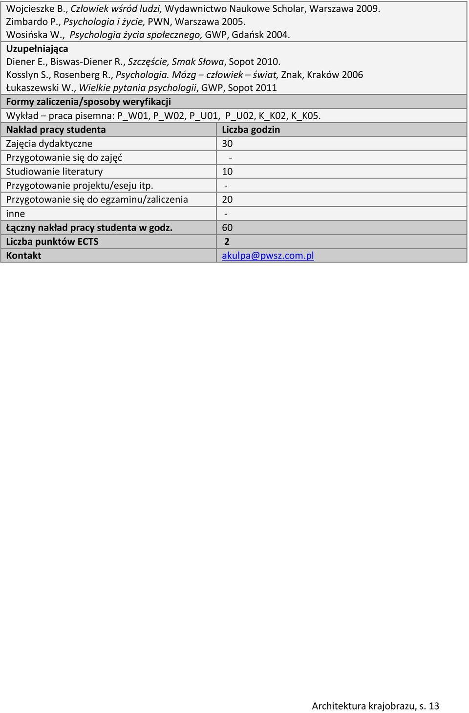 , Wielkie pytania psychologii, GWP, Sopot 2011 Formy zaliczenia/sposoby weryfikacji Wykład praca pisemna: P_W01, P_W02, P_U01, P_U02, K_K02, K_K05.