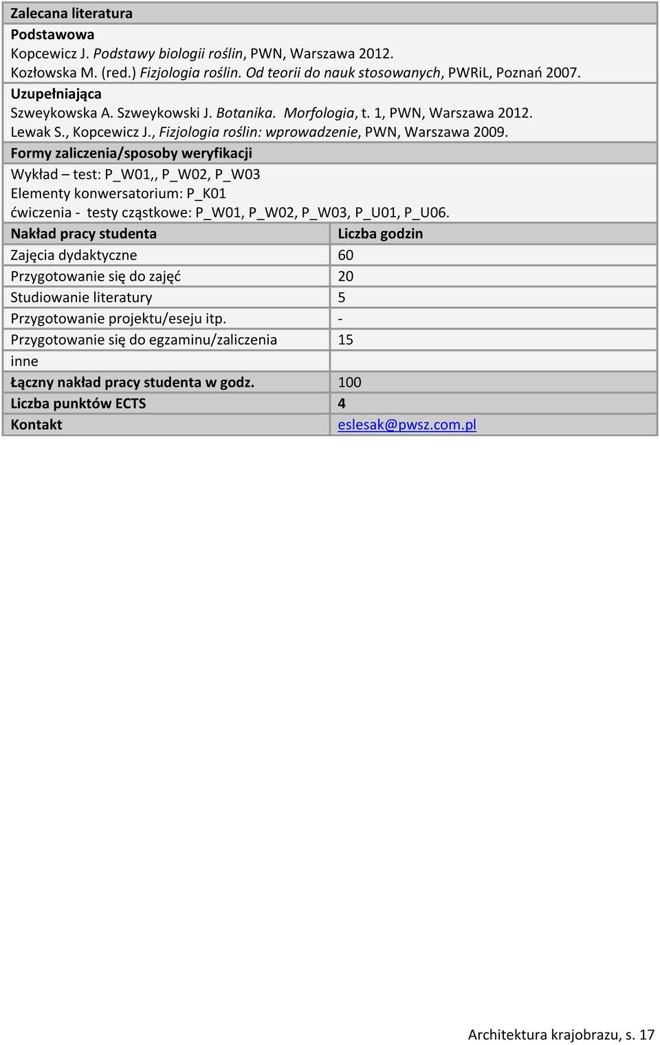 Formy zaliczenia/sposoby weryfikacji Wykład test: P_W01,, P_W02, P_W03 Elementy konwersatorium: P_K01 ćwiczenia - testy cząstkowe: P_W01, P_W02, P_W03, P_U01, P_U06.