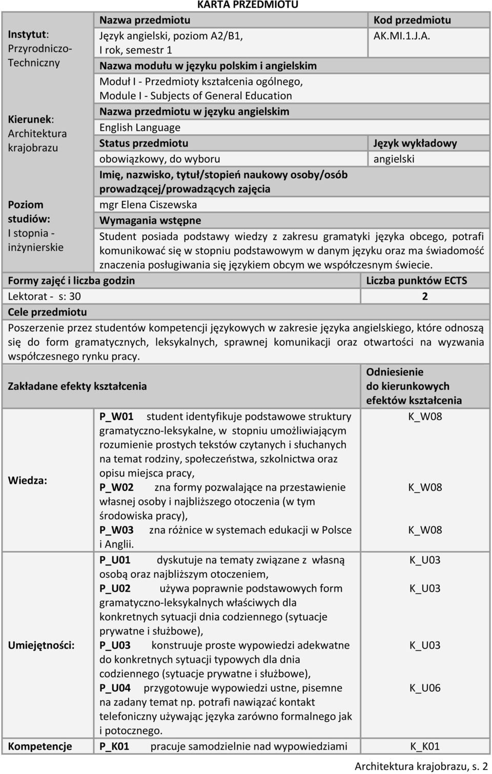 obowiązkowy, do wyboru angielski Imię, nazwisko, tytuł/stopień naukowy osoby/osób prowadzącej/prowadzących zajęcia Poziom studiów: mgr Elena Ciszewska Wymagania wstępne I stopnia - Student posiada