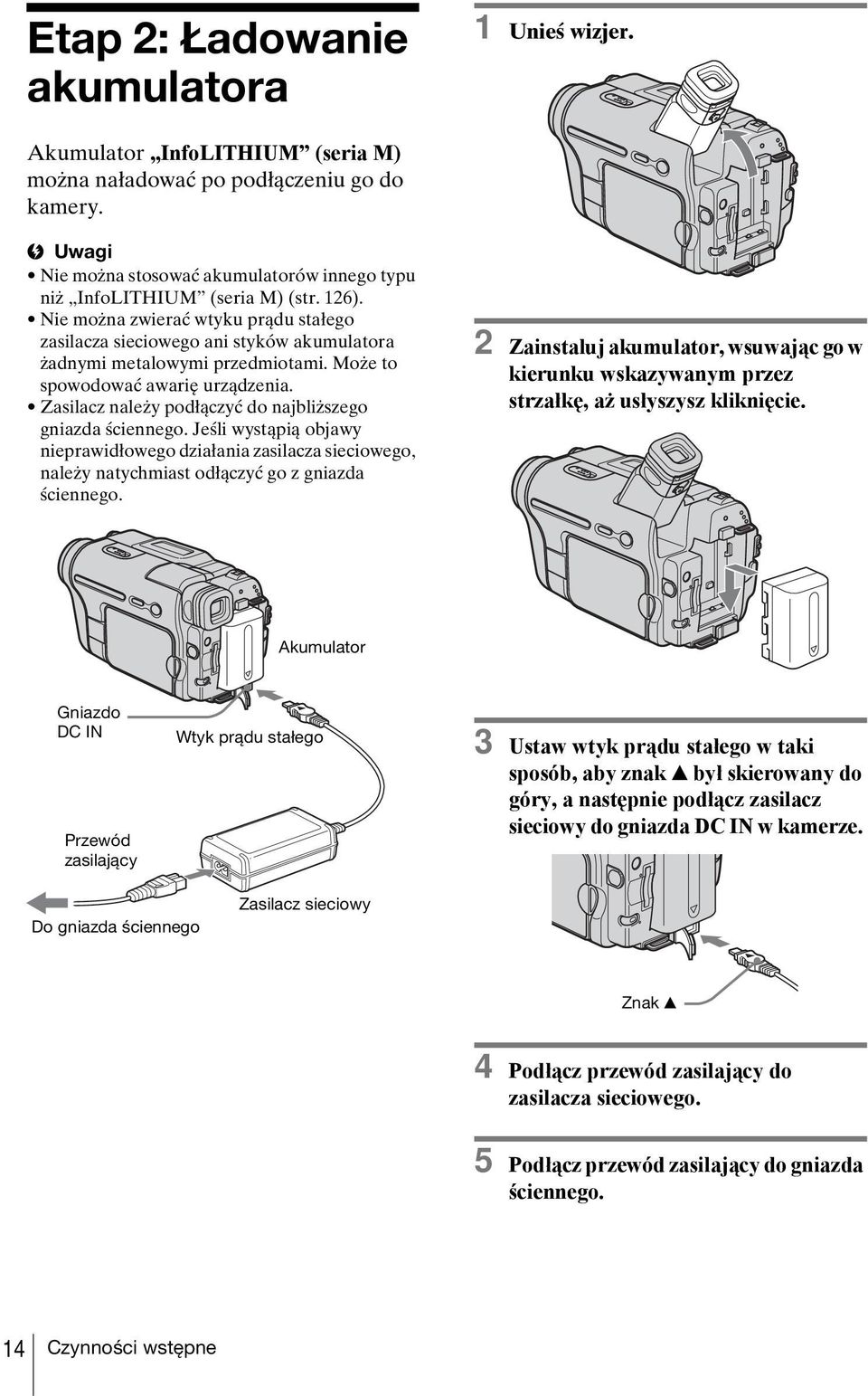 Nie można zwierać wtyku prądu stałego zasilacza sieciowego ani styków akumulatora żadnymi metalowymi przedmiotami. Może to spowodować awarię urządzenia.