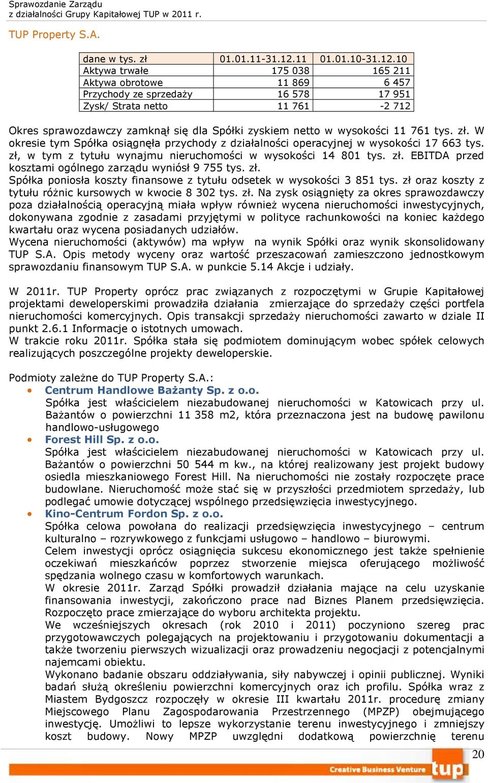 10 Aktywa trwałe 175 038 165 211 Aktywa obrotowe 11 869 6 457 Przychody ze sprzedaży 16 578 17 951 Zysk/ Strata netto 11 761-2 712 Okres sprawozdawczy zamknął się dla Spółki zyskiem netto w wysokości