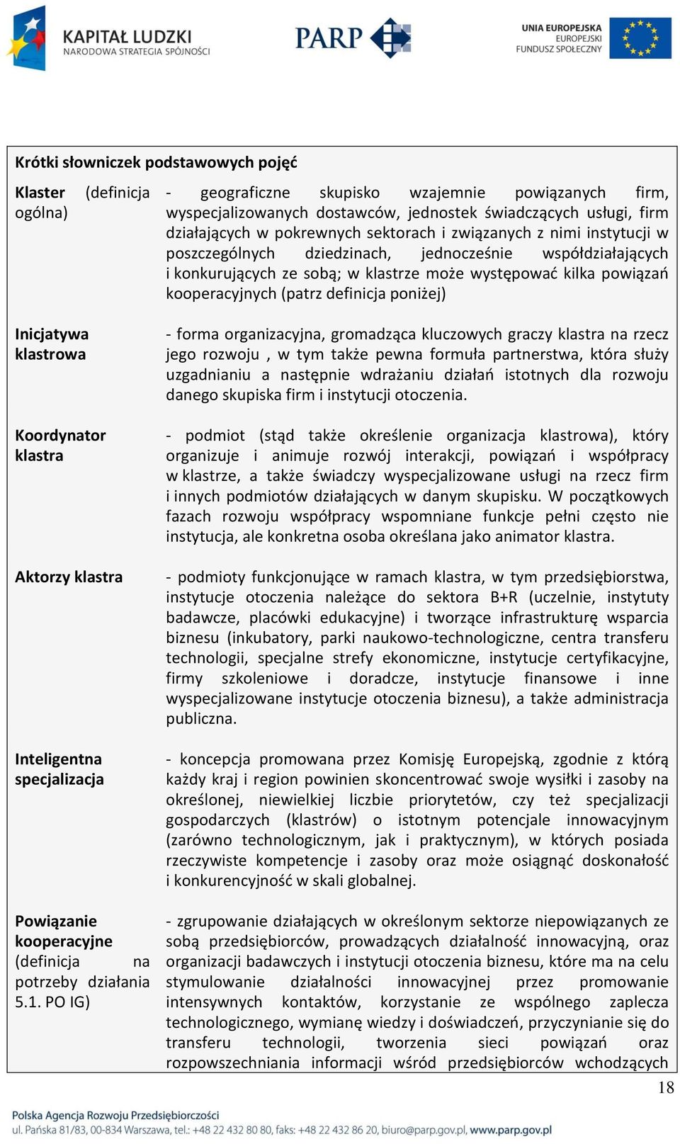 (patrz definicja poniżej) Inicjatywa klastrowa Koordynator klastra Aktorzy klastra Inteligentna specjalizacja Powiązanie kooperacyjne (definicja na potrzeby działania 5.1.