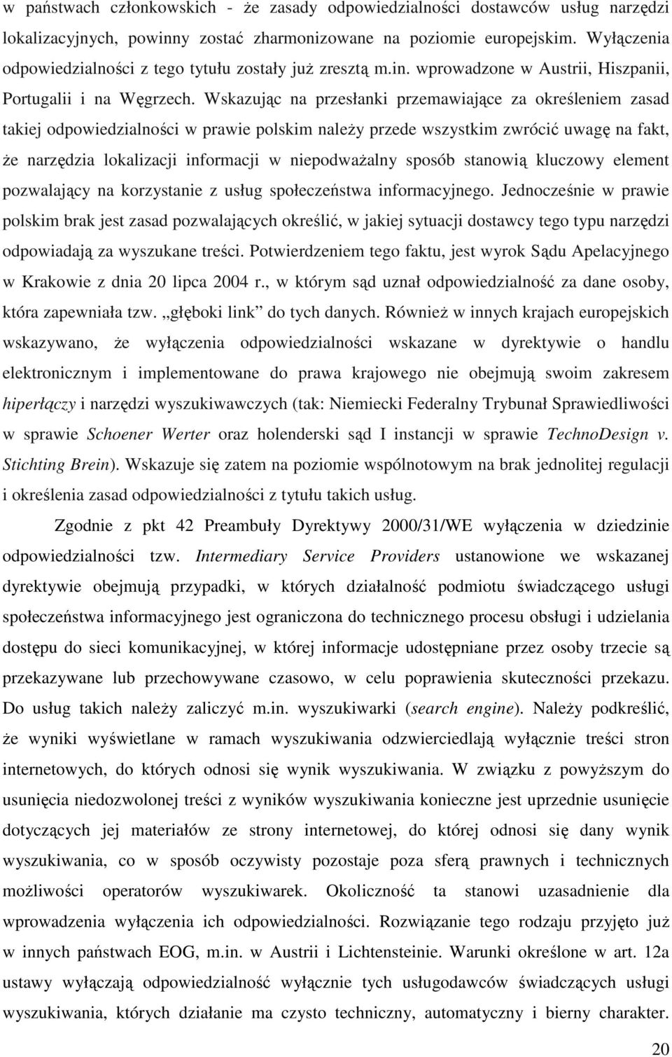 Wskazując na przesłanki przemawiające za określeniem zasad takiej odpowiedzialności w prawie polskim naleŝy przede wszystkim zwrócić uwagę na fakt, Ŝe narzędzia lokalizacji informacji w niepodwaŝalny