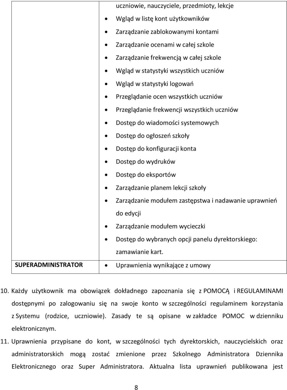 Dostęp do konfiguracji konta Dostęp do wydruków Dostęp do eksportów Zarządzanie planem lekcji szkoły Zarządzanie modułem zastępstwa i nadawanie uprawnień do edycji Zarządzanie modułem wycieczki