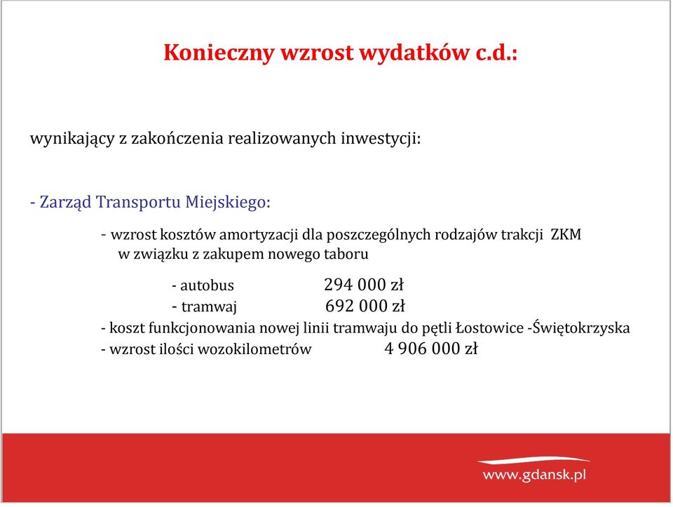 : wynikający z zakończenia realizowanych inwestycji: Zarząd Transportu Miejskiego: wzrost