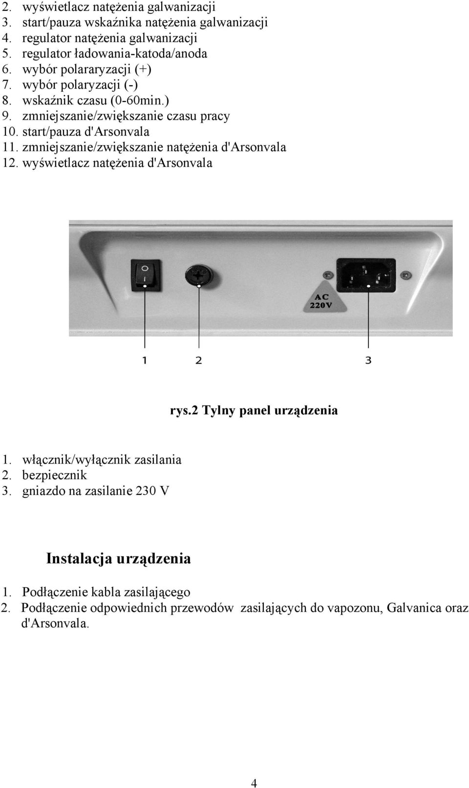 zmniejszanie/zwiększanie natężenia d'arsonvala 12. wyświetlacz natężenia d'arsonvala rys.2 Tylny panel urządzenia 1. włącznik/wyłącznik zasilania 2. bezpiecznik 3.