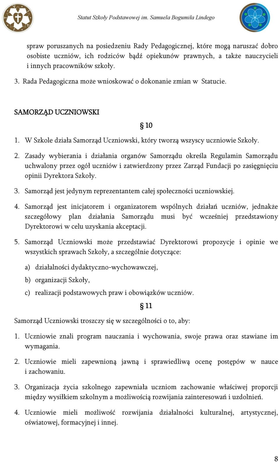 Zasady wybierania i działania organów Samorządu określa Regulamin Samorządu uchwalony przez ogół uczniów i zatwierdzony przez Zarząd Fundacji po zasięgnięciu opinii Dyrektora Szkoły. 3.