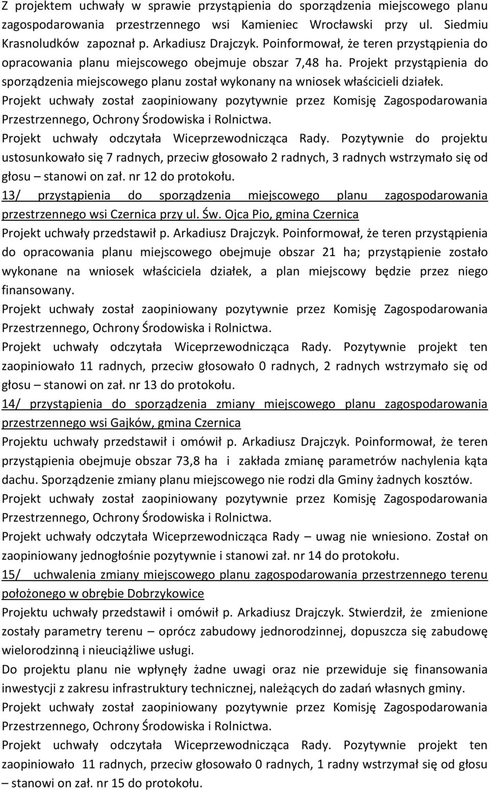 Projekt uchwały odczytała Wiceprzewodnicząca Rady. Pozytywnie do projektu ustosunkowało się 7 radnych, przeciw głosowało 2 radnych, 3 radnych wstrzymało się od głosu stanowi on zał.