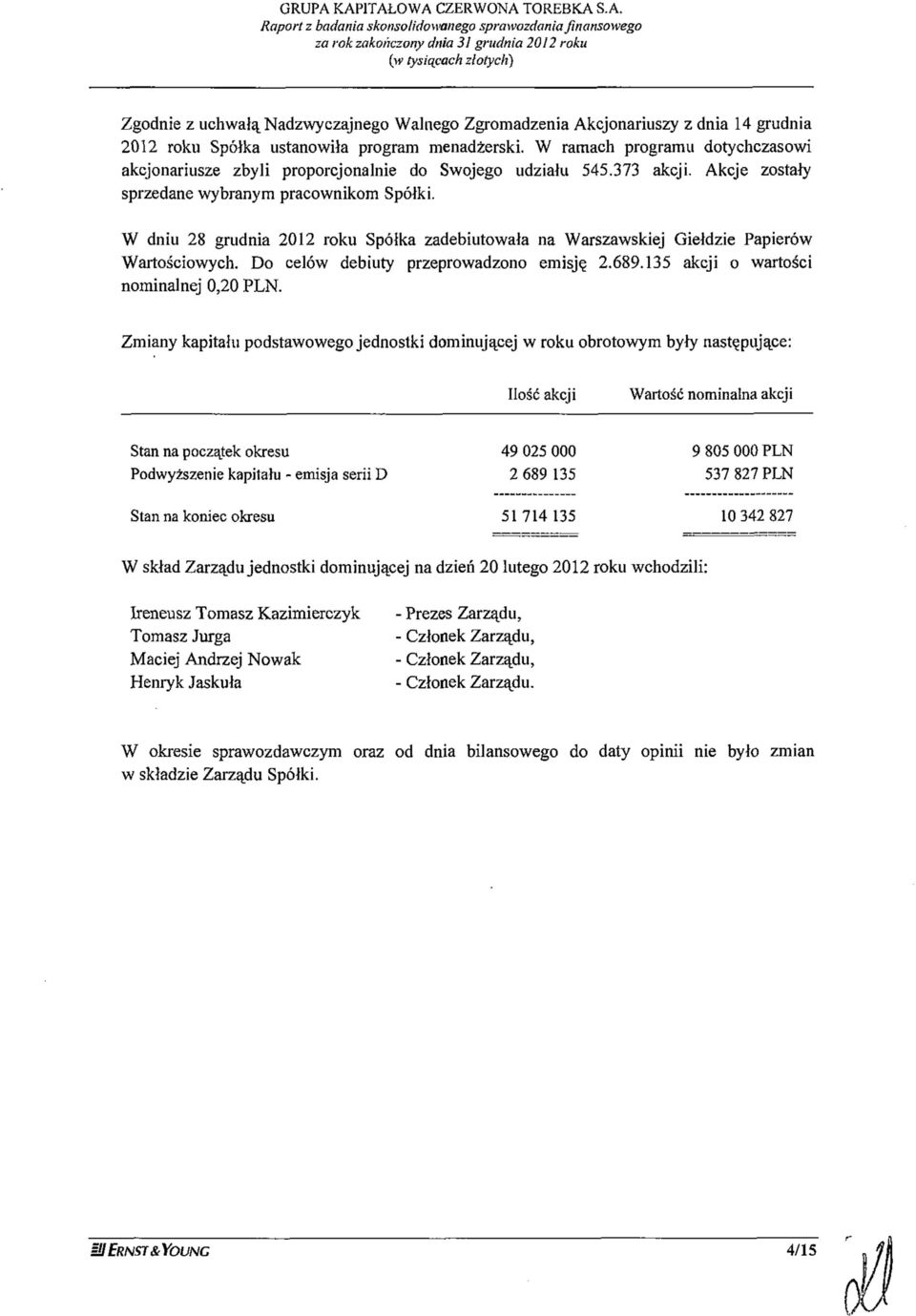 W dniu 28 grudnia 2012 roku Spółka zadebiutowała na Warszawskiej Giełdzie Papierów Wartościowych. Do celów debiuty przeprowadzono emisję 2.689.135 akcji o wartości nominalnej 0,20 PLN.