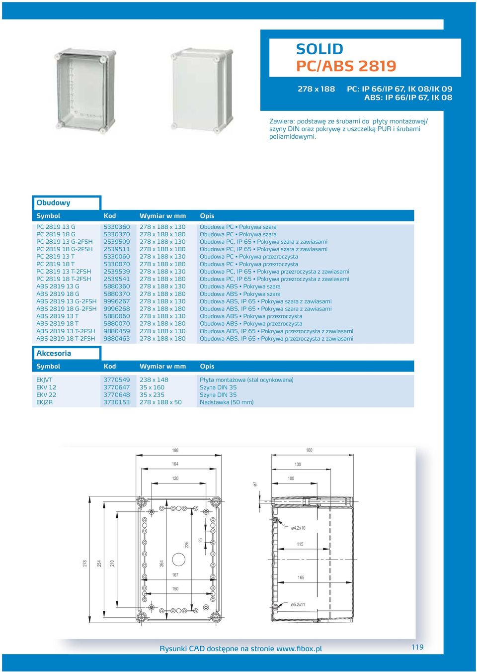 zawiasami PC 819 18 G-FSH 539511 78 x 188 x 180 Obudowa PC, IP 65 Pokrywa szara z zawiasami PC 819 13 T 5330060 78 x 188 x 130 Obudowa PC Pokrywa przezroczysta PC 819 18 T 5330070 78 x 188 x 180