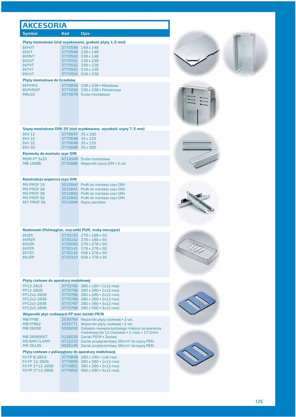 (stal ocynkowana, wysokość szyny 7,5 mm) EKV 1 3770647 35 x 160 EKV 3770648 35 x 35 EKV 3 3770649 35 x 335 EKV 50 3770699 35 x 500 Elementy do montażu szyn DIN MSM PT 5x10 471049 Śruba montażowa MB