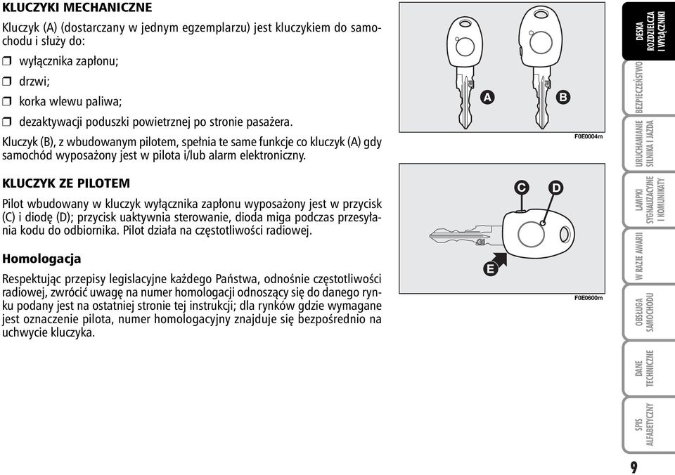KLUCZYK ZE PILOTEM Pilot wbudowany w kluczyk wy àcznika zap onu wyposa ony jest w przycisk (C) i diod (D); przycisk uaktywnia sterowanie, dioda miga podczas przesy ania kodu do odbiornika.