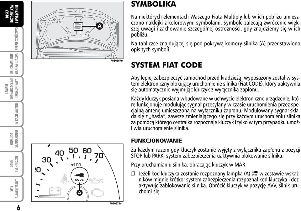 Na tabliczce znajdujàcej si pod pokrywà komory silnika (A) przedstawiono opis tych symboli.