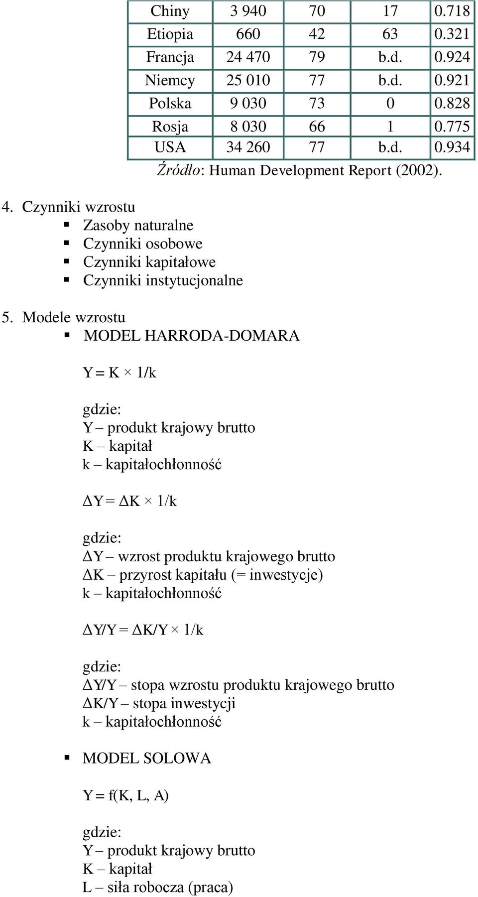 Modele wzrostu MODEL HARRODA-DOMARA Y = K 1/k gdzie: Y produkt krajowy brutto K kapitał k kapitałochłonność ΔY = ΔK 1/k gdzie: ΔY wzrost produktu krajowego brutto ΔK przyrost kapitału