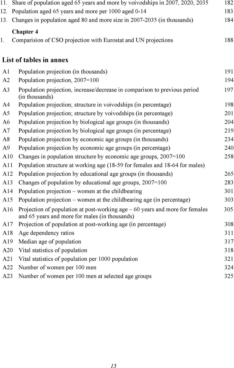 Comparision of CSO projection with Eurostat and UN projections 188 List of tables in annex A1 Population projection (in thousands) 191 A2 Population projection, 2007=100 194 A3 Population projection,