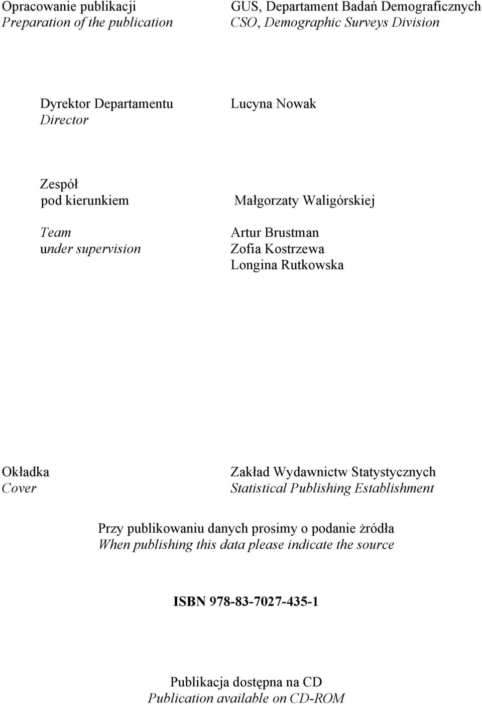 Longina Rutkowska Okładka Cover Zakład Wydawnictw Statystycznych Statistical Publishing Establishment Przy publikowaniu danych prosimy o