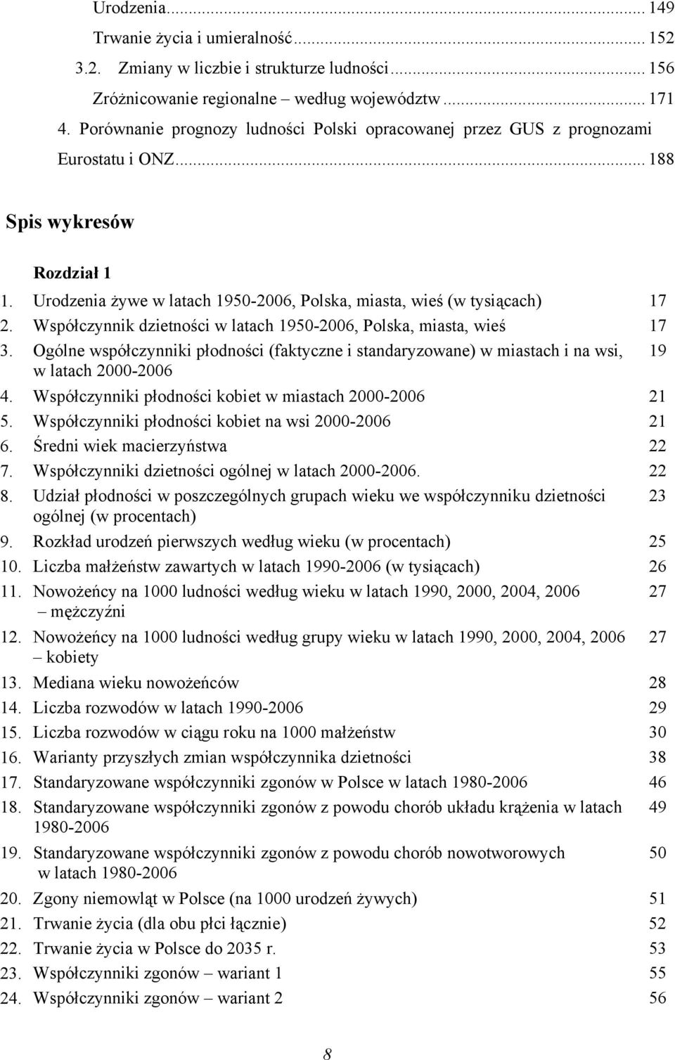 Współczynnik dzietności w latach 1950-2006, Polska, miasta, wieś 17 3. Ogólne współczynniki płodności (faktyczne i standaryzowane) w miastach i na wsi, w latach 2000-2006 19 4.