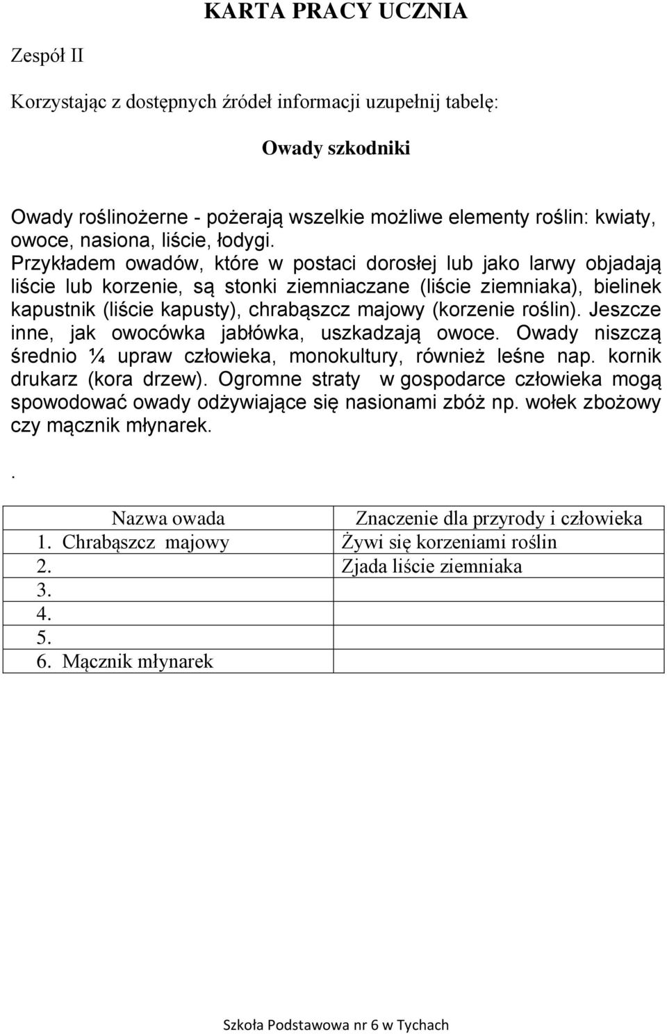 majowy (korzenie roślin). Jeszcze inne, jak owocówka jabłówka, uszkadzają owoce. Owady niszczą średnio ¼ upraw człowieka, monokultury, również leśne nap. kornik drukarz (kora drzew).