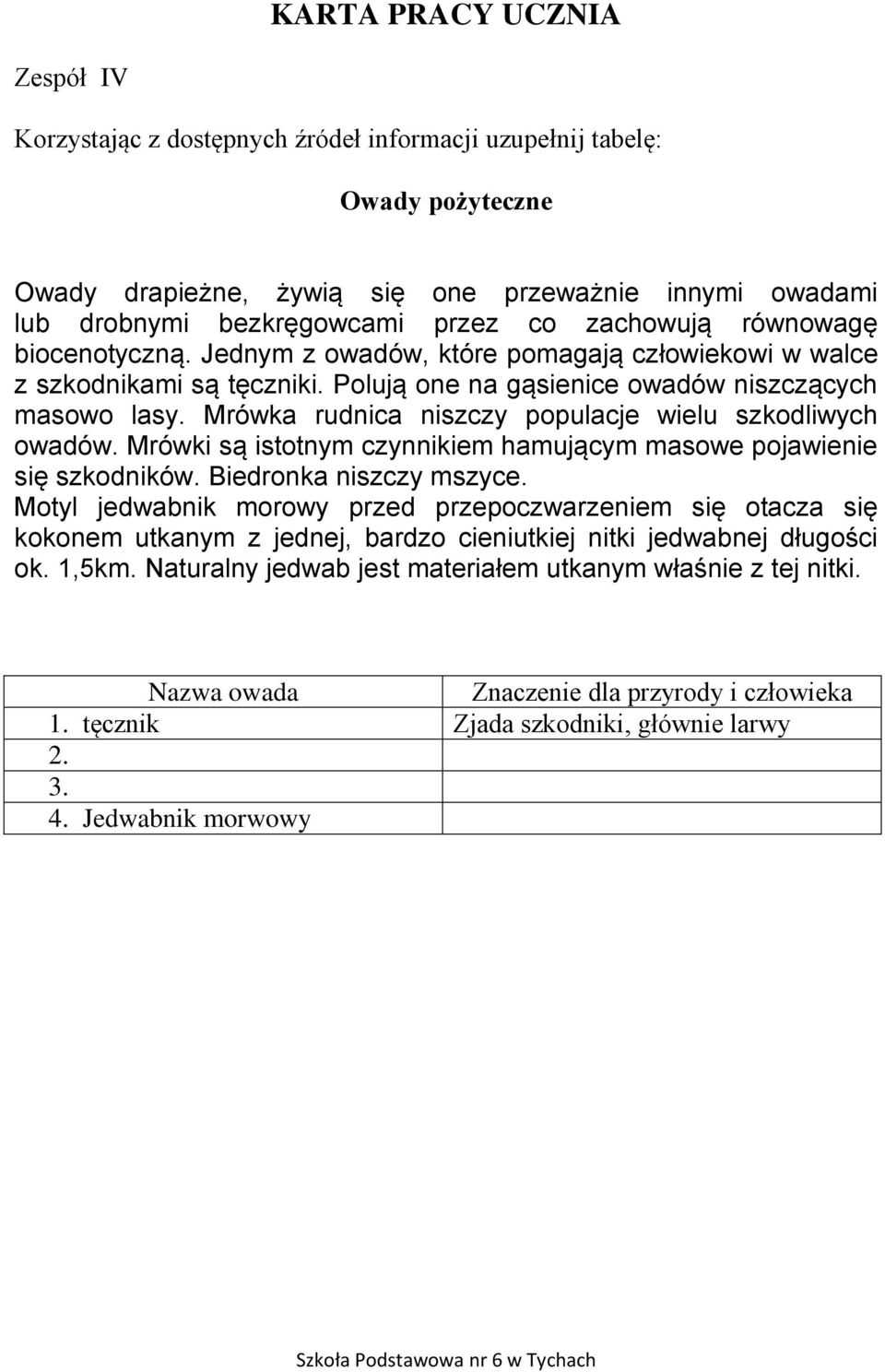 Mrówka rudnica niszczy populacje wielu szkodliwych owadów. Mrówki są istotnym czynnikiem hamującym masowe pojawienie się szkodników. Biedronka niszczy mszyce.