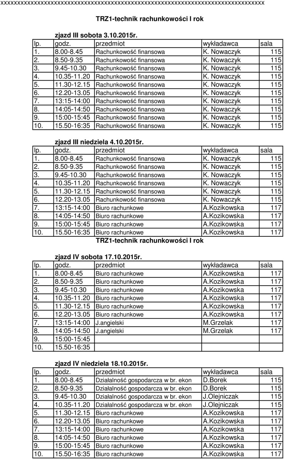 Kozikowska 117 8. 14:05-14:50 Biuro rachunkowe A.Kozikowska 117 Biuro rachunkowe A.Kozikowska 117 Biuro rachunkowe A.Kozikowska 117 zjazd IV sobota 17.10.2015r. 1. 8.00-8.45 Biuro rachunkowe A.