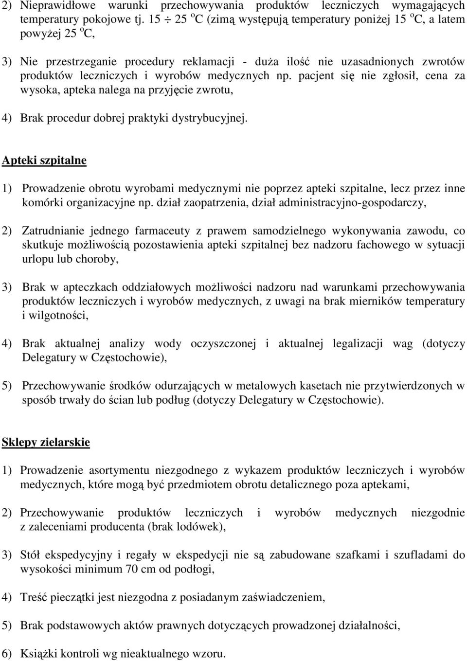 medycznych np. pacjent się nie zgłosił, cena za wysoka, apteka nalega na przyjęcie zwrotu, 4) Brak procedur dobrej praktyki dystrybucyjnej.