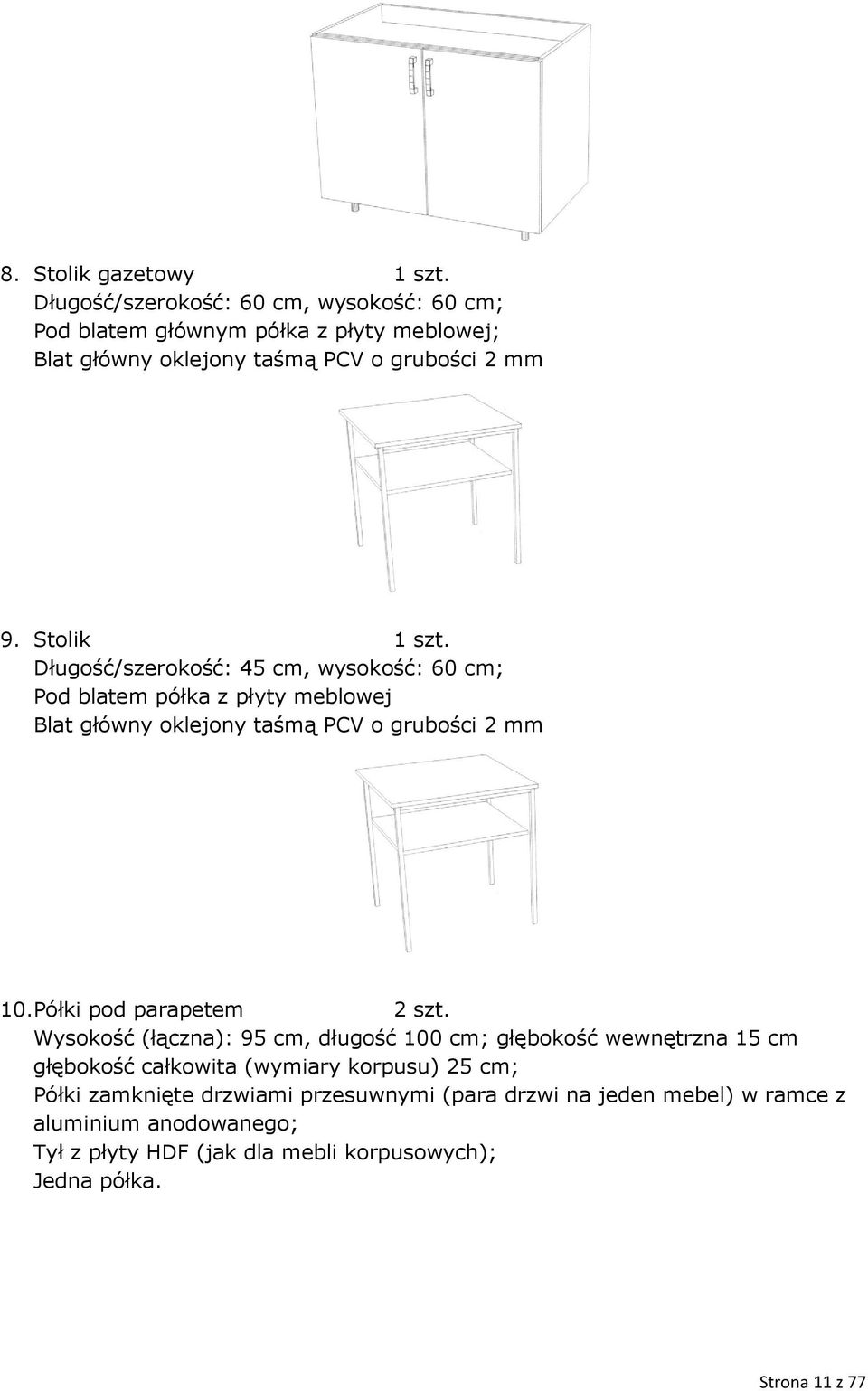 Długość/szerokość: 45 cm, wysokość: 60 cm; Pod blatem półka z płyty meblowej Blat główny oklejony taśmą PCV o grubości 2 mm 10.Półki pod parapetem 2 szt.