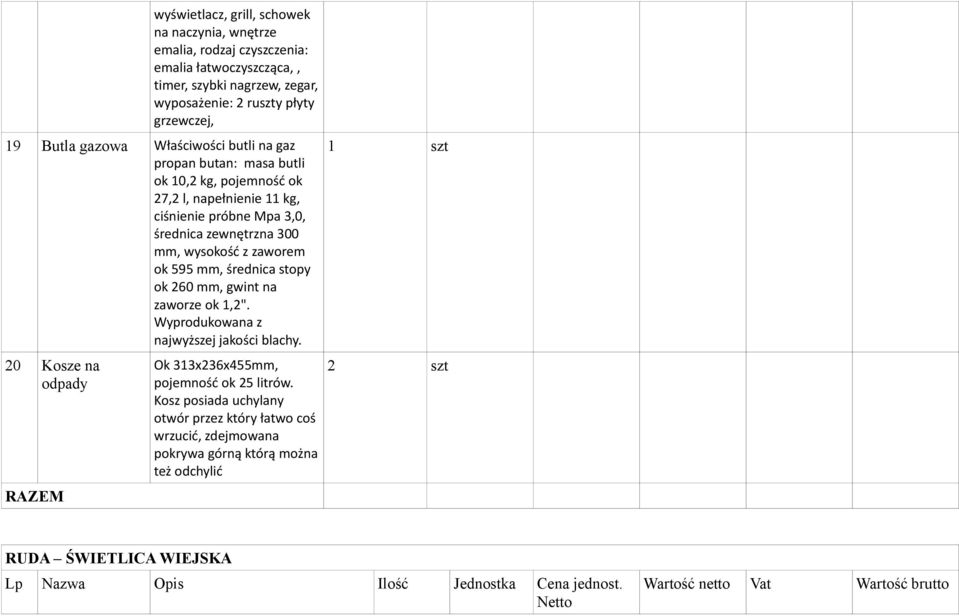 średnica stopy ok 260 mm, gwint na zaworze ok 1,2". Wyprodukowana z najwyższej jakości blachy. 20 Kosze na odpady RAZEM Ok 313x236x455mm, pojemność ok 25 litrów.