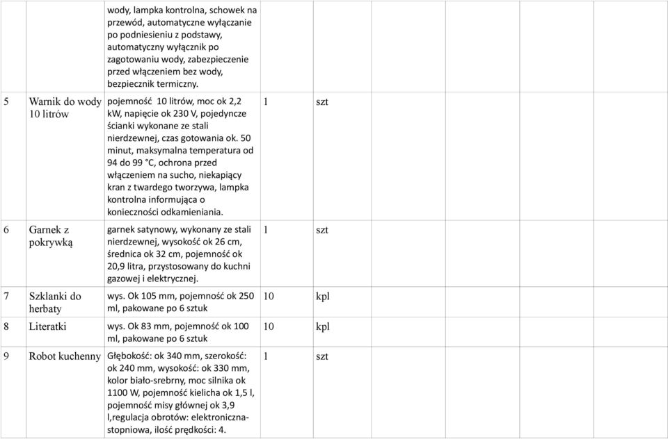 pojemność 10 litrów, moc ok 2,2 kw, napięcie ok 230 V, pojedyncze ścianki wykonane ze stali nierdzewnej, czas gotowania ok.