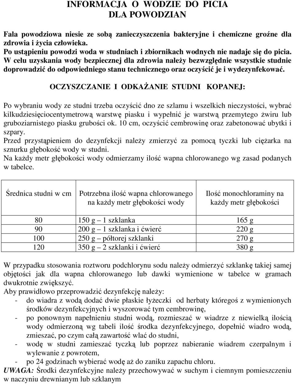 W celu uzyskania wody bezpiecznej dla zdrowia należy bezwzględnie wszystkie studnie doprowadzić do odpowiedniego stanu technicznego oraz oczyścić je i wydezynfekować.