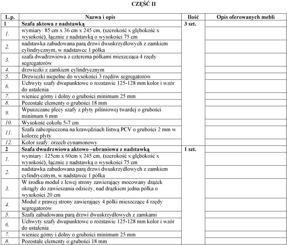 drzwiczki z zamkiem cylindrycznym 5. Drzwiczki niepełne do wysokości 3 rzędów segregatorów 6. Uchwyty szafy dwupunktowe o rozstawie 125-128 mm kolor i wzór do ustalenia 7.