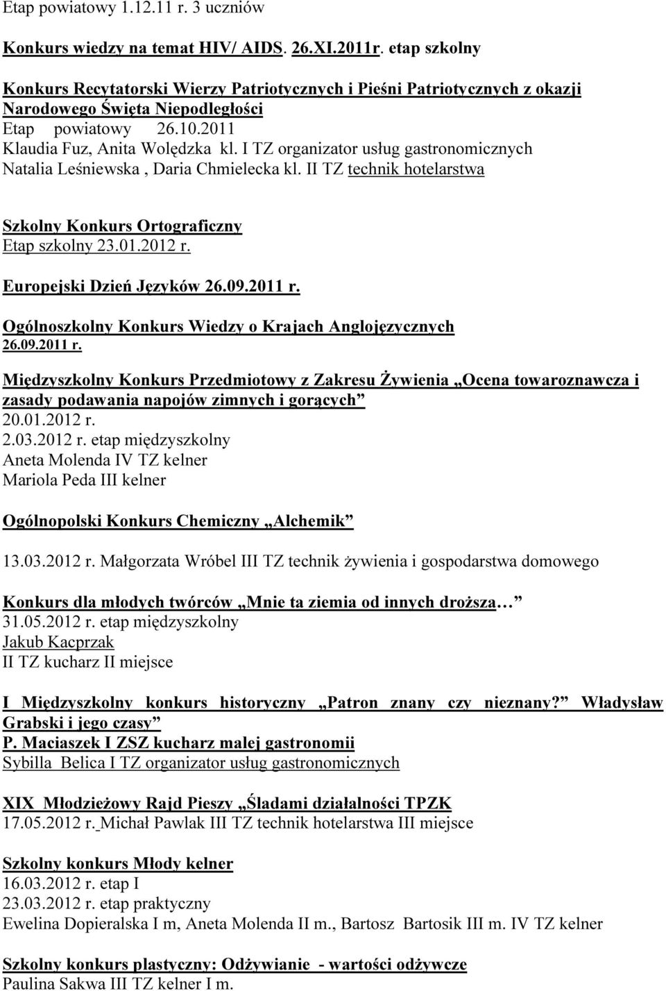 I TZ organizator usług gastronomicznych Natalia Leśniewska, Daria Chmielecka kl. II TZ technik hotelarstwa Szkolny Konkurs Ortograficzny Etap szkolny 23.01.2012 r. Europejski Dzień Języków 26.09.