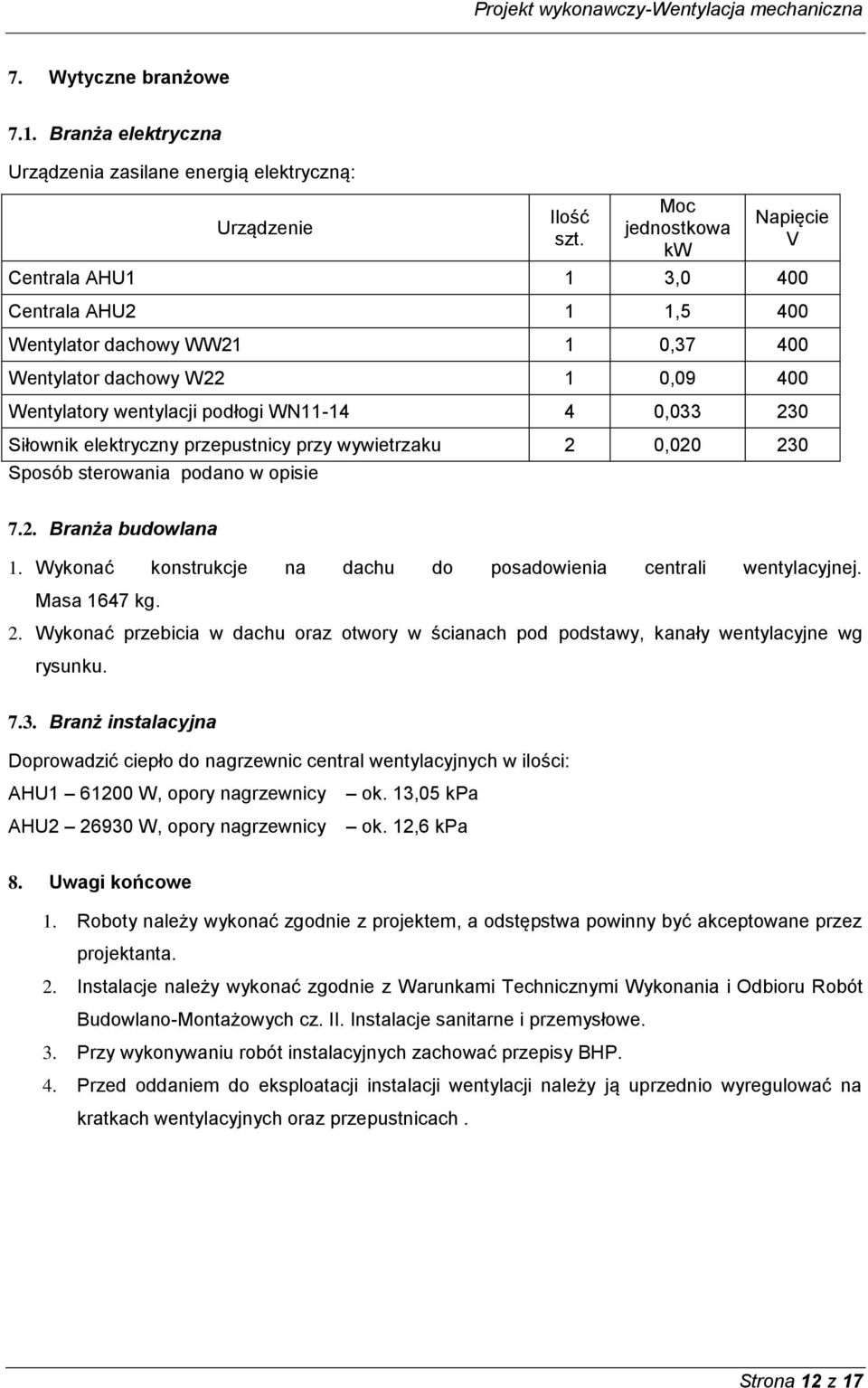 dachowy W22 1 0,09 400 Wentylatory wentylacji podłogi WN11-14 4 0,033 230 Siłownik elektryczny przepustnicy przy wywietrzaku 2 0,020 230 Sposób sterowania podano w opisie 7.2. Branża budowlana 1.