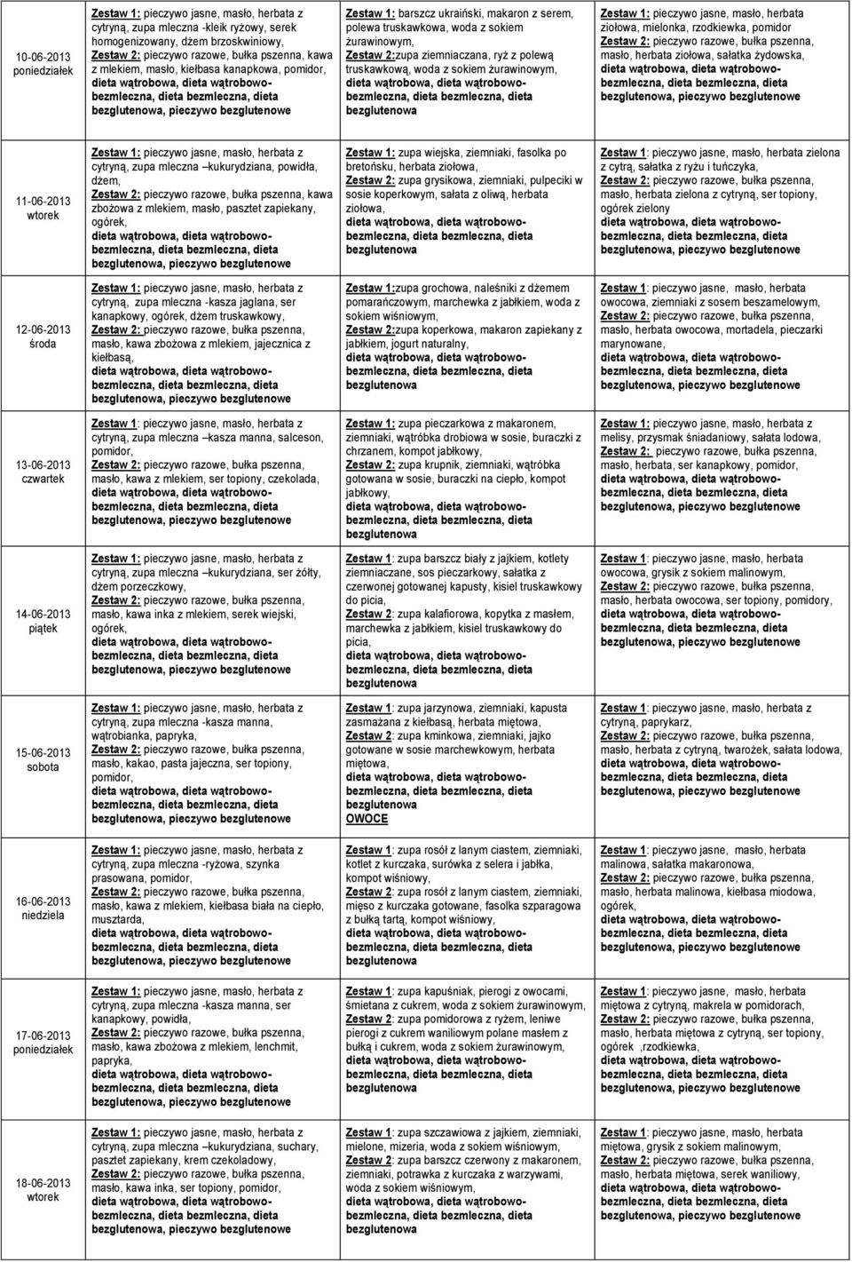 cytryną, zupa mleczna kukurydziana, powidła, dżem, kawa zbożowa z mlekiem, masło, pasztet zapiekany, Zestaw 1: zupa wiejska, ziemniaki, fasolka po bretońsku, herbata ziołowa, Zestaw 2: zupa