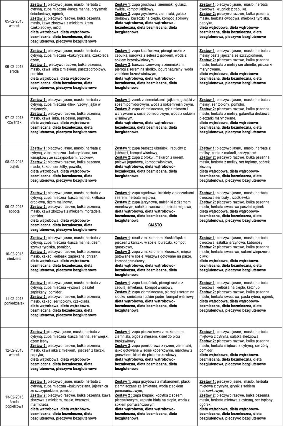 kukurydziana, czekolada, dżem, masło, kawa inka z mlekiem, pasztet drobiowy, Zestaw 1: zupa kalafiorowa, pierogi ruskie z cebulką, surówka z selera z jabłkiem, woda z sokiem brzoskwiniowym, Zestaw 2: