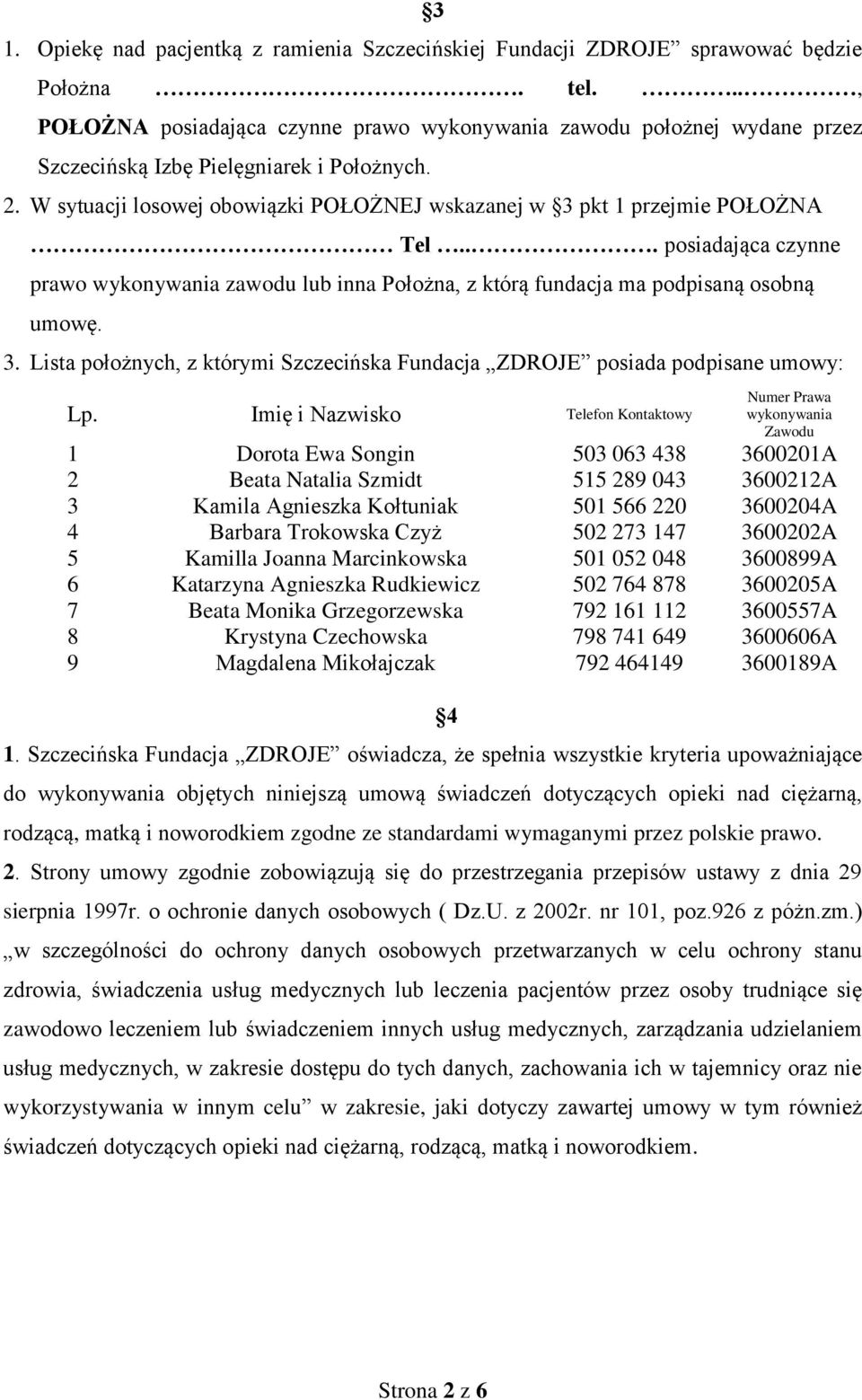 W sytuacji losowej obowiązki POŁOŻNEJ wskazanej w 3 pkt 1 przejmie POŁOŻNA Tel... posiadająca czynne prawo wykonywania zawodu lub inna Położna, z którą fundacja ma podpisaną osobną umowę. 3. Lista położnych, z którymi Szczecińska Fundacja ZDROJE posiada podpisane umowy: Lp.