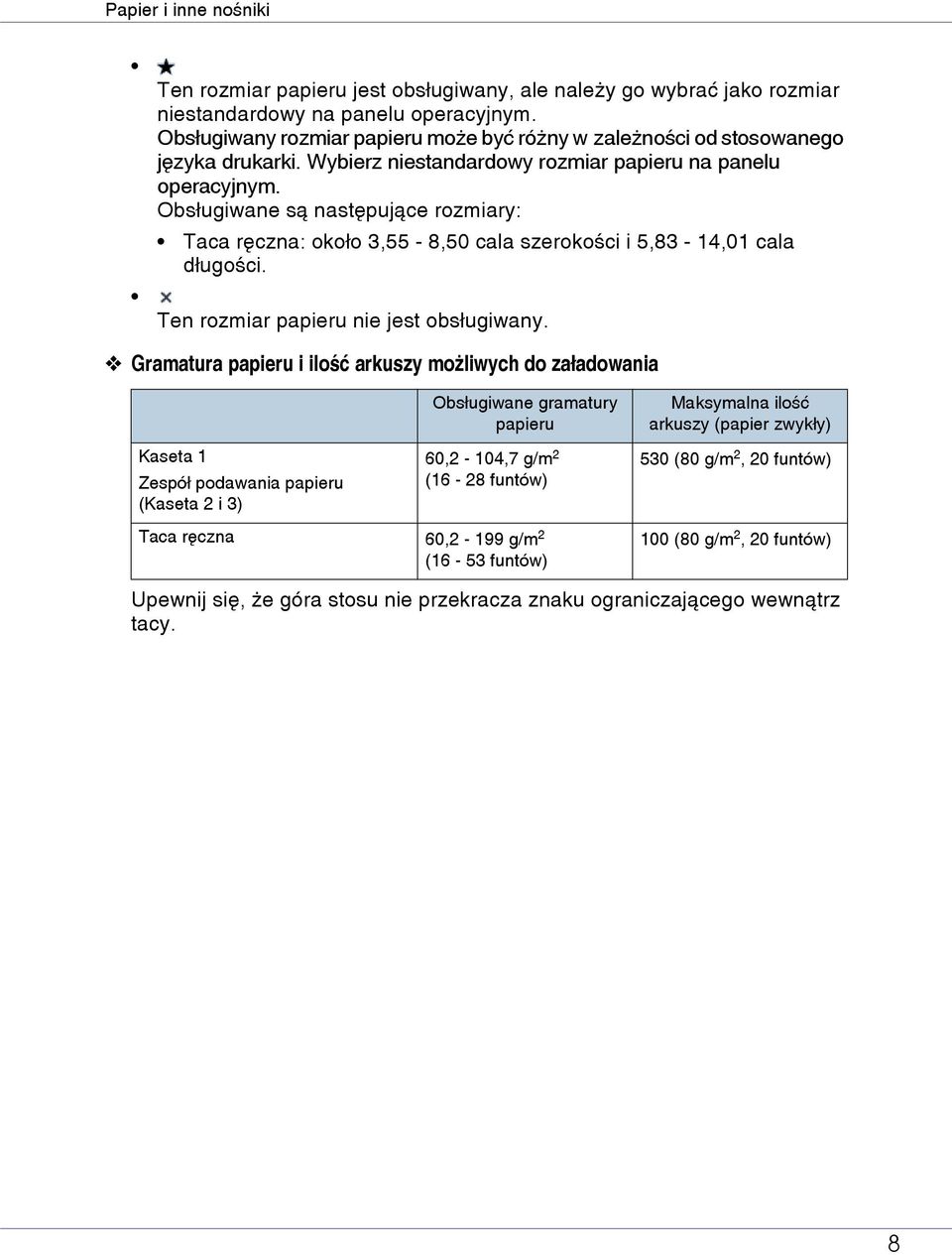 Obsâugiwane sà nastêpujàce rozmiary: Taca rêczna: okoâo 3,55-8,50 cala szerokoãci i 5,83-14,01 cala dâugoãci. Ten rozmiar papieru nie jest obsâugiwany.