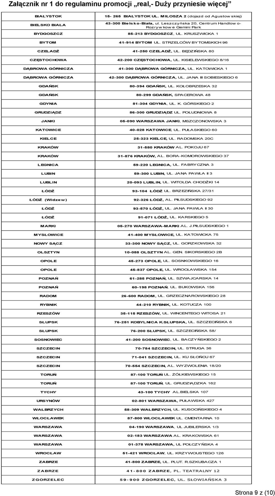 BĘDZIŃSKA 80 CZĘSTOCHOWA 42-200 CZĘSTOCHOWA, UL. KISIELEWSKIEGO 8/16 DĄBROWA GÓRNICZA 41-300 DĄBROWA GÓRNICZA, UL. KATOWICKA 1 DĄBROWA GÓRNICZA 42-300 DĄBROWA GÓRNICZA, UL.