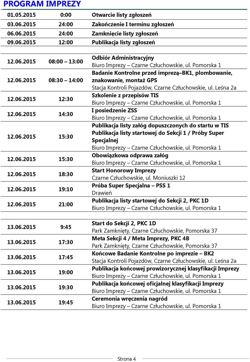 06.2015 19:30 13.06.2015 19:45 Odbiór Administracyjny Biuro Imprezy Czarne Człuchowskie, ul.